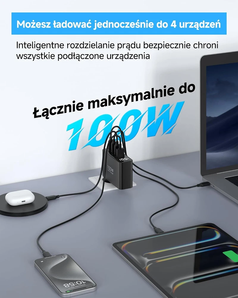 TOPADRE 100 W USB-C įkroviklis su 3 USB-C ir USB-A jungtimis bei LED ekranu, RCE-10002