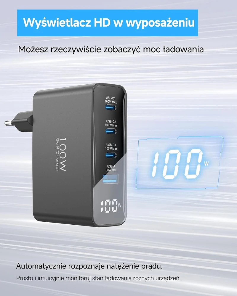 TOPADRE 100 W USB-C įkroviklis su 3 USB-C ir USB-A jungtimis bei LED ekranu, RCE-10002