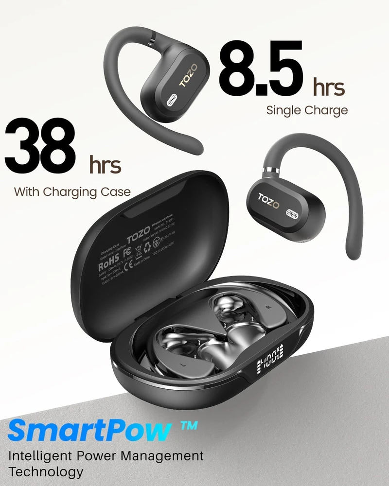 TOZO atviros konstrukcijos belaidės ausinės, Bluetooth 5.3, mikrofonas su ENC, juodos, OpenWear