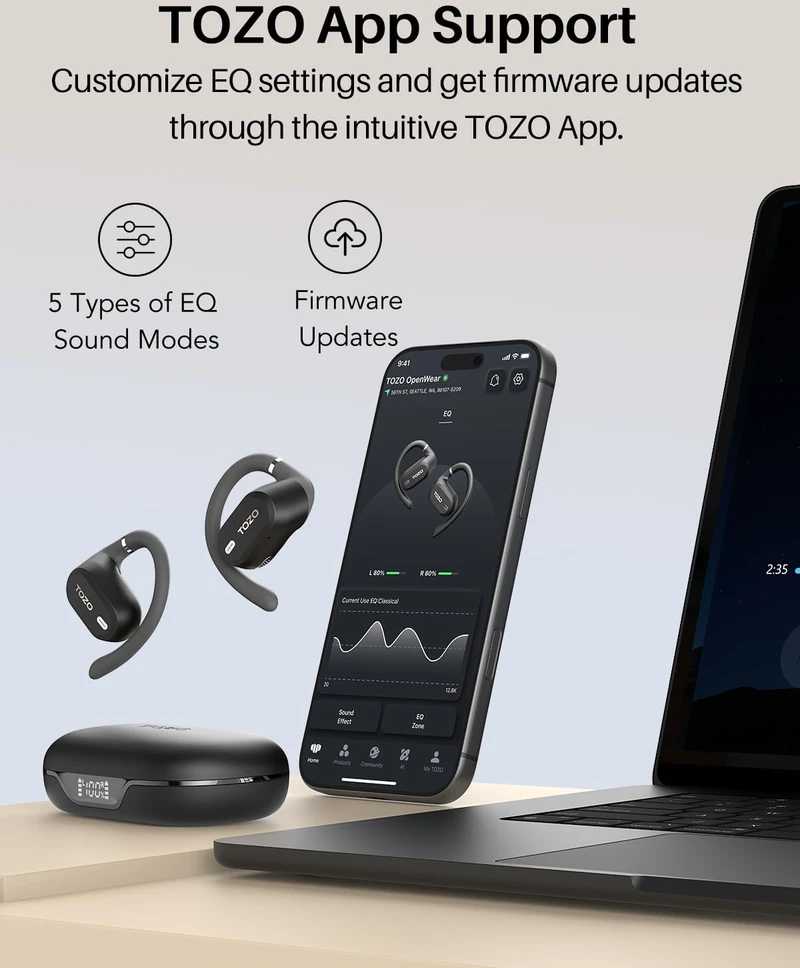 TOZO atviros konstrukcijos belaidės ausinės, Bluetooth 5.3, mikrofonas su ENC, juodos, OpenWear