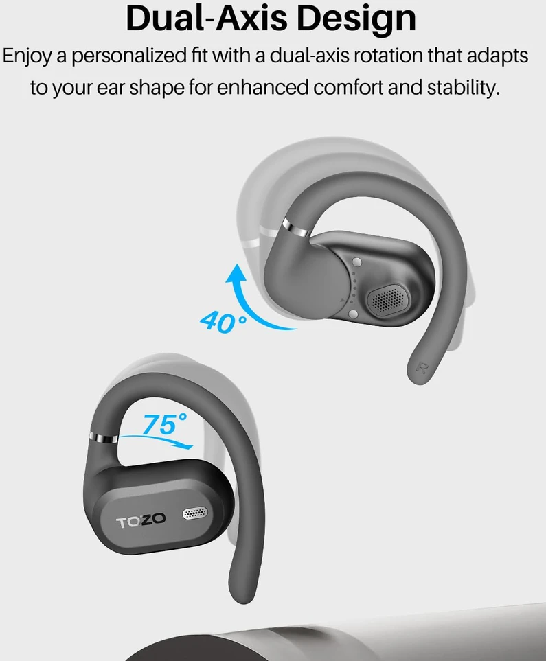 TOZO atviros konstrukcijos belaidės ausinės, Bluetooth 5.3, mikrofonas su ENC, juodos, OpenWear