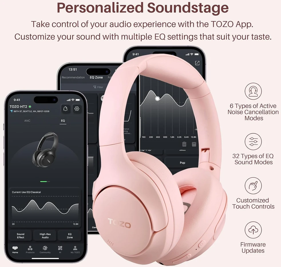 TOZO belaidės ant ausų ausinės su ANC, Bluetooth 5.0, 60 val. veikimu ir Hi-Res HT2