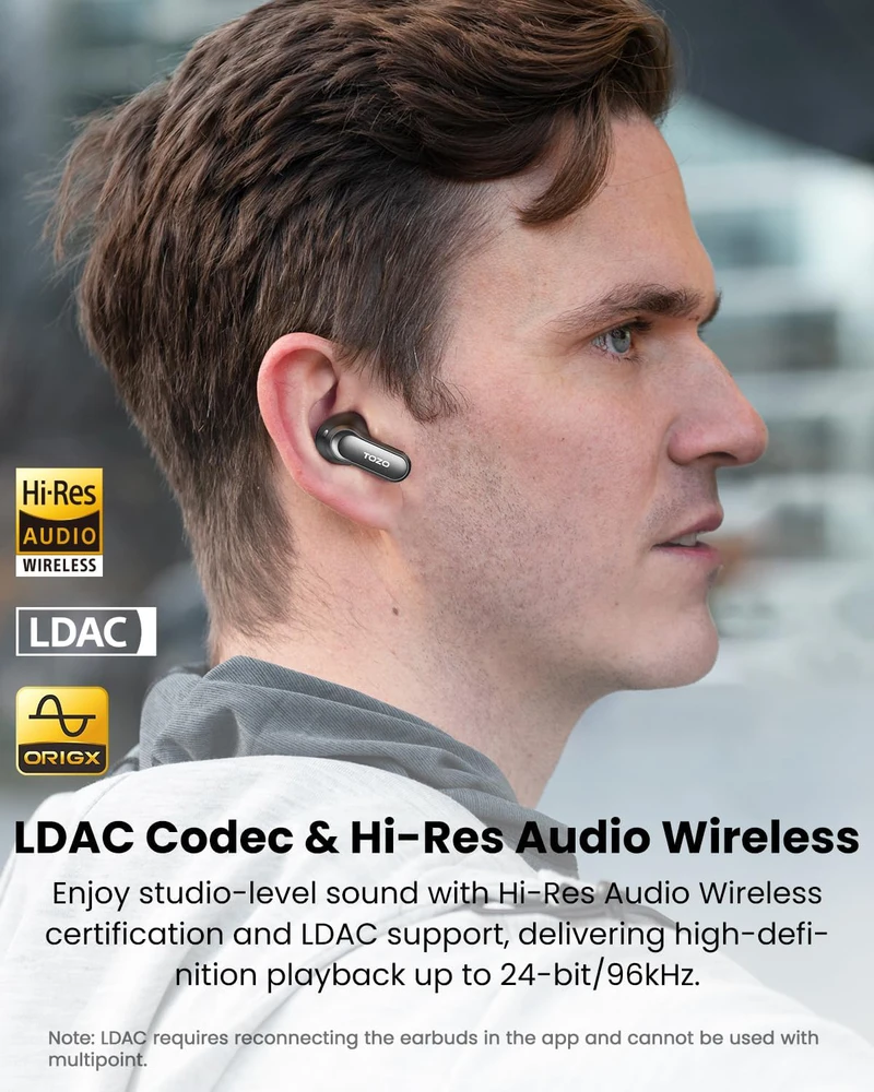 TOZO belaidės ausinės su Bluetooth 5.4, ANC, LDAC, 80h grojimu, NC20 Pro