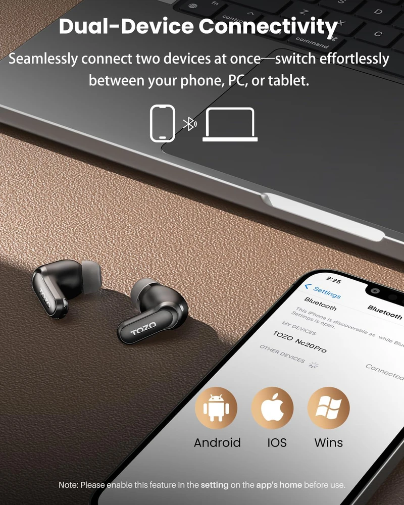 TOZO belaidės ausinės su Bluetooth 5.4, ANC, LDAC, 80h grojimu, NC20 Pro