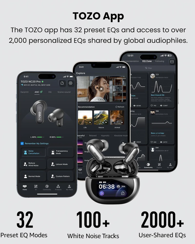 TOZO belaidės ausinės su Bluetooth 5.4, ANC, LDAC, 80h grojimu, NC20 Pro