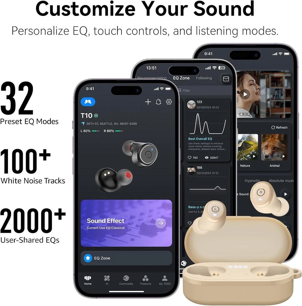 TOZO belaidės į ausis įdedamos Bluetooth 5.3 ausinės, 55 val., IPX8, T10