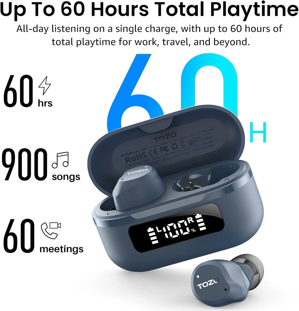 TOZO belaidės į ausis įdedamos Bluetooth 5.3 ausinės su hibridiniu ANC NC9