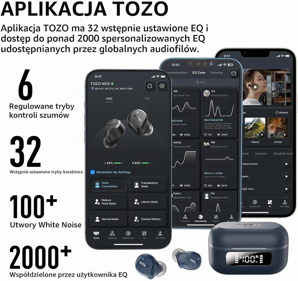 TOZO belaidės į ausis įdedamos Bluetooth 5.3 ausinės su hibridiniu ANC NC9