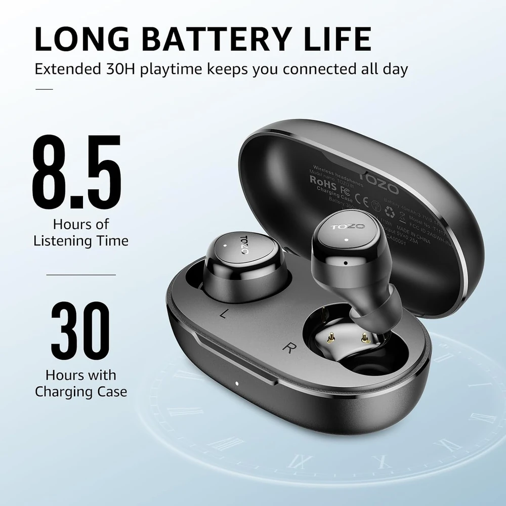 TOZO belaidės į ausis įdedamos Bluetooth 5.3 ausinės su mikrofonu, IPX6, T11173