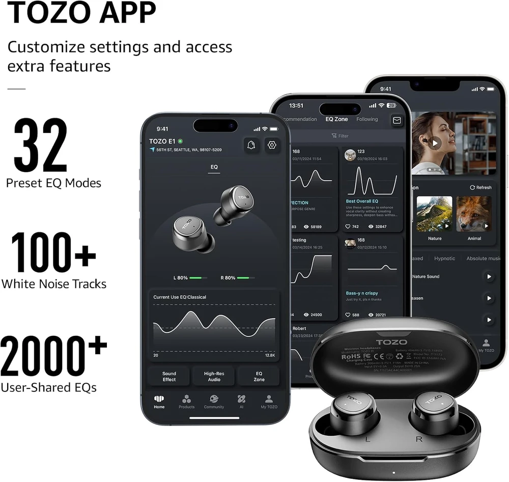 TOZO belaidės į ausis įdedamos Bluetooth 5.3 ausinės su mikrofonu, IPX6, T11173