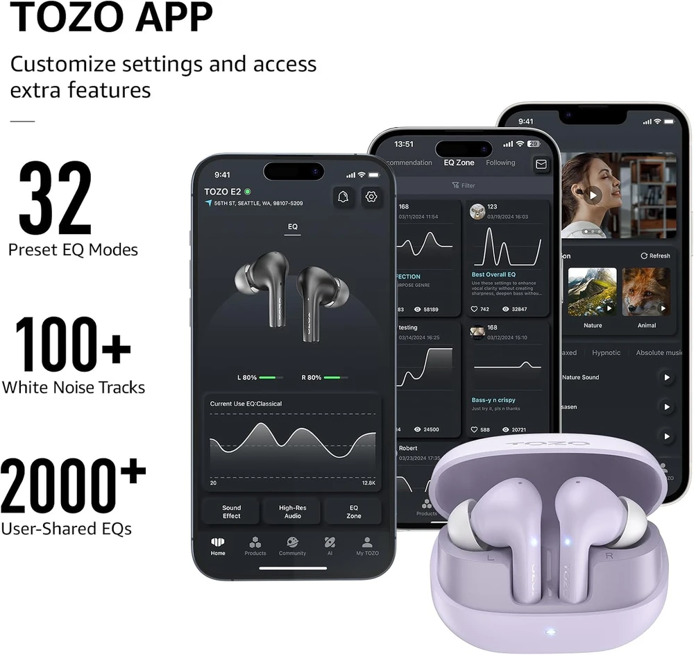 TOZO belaidės į ausis įstatomos Bluetooth 5.3 ausinės su ANC, 10 mm, 30 h, E2