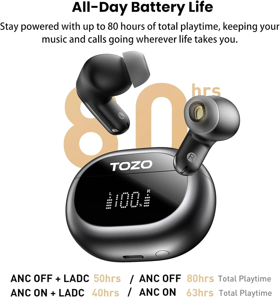 TOZO belaidės į ausis kišamos ausinės Bluetooth 5.4 su ANC, LDAC ir 6 mikrofonais NC20