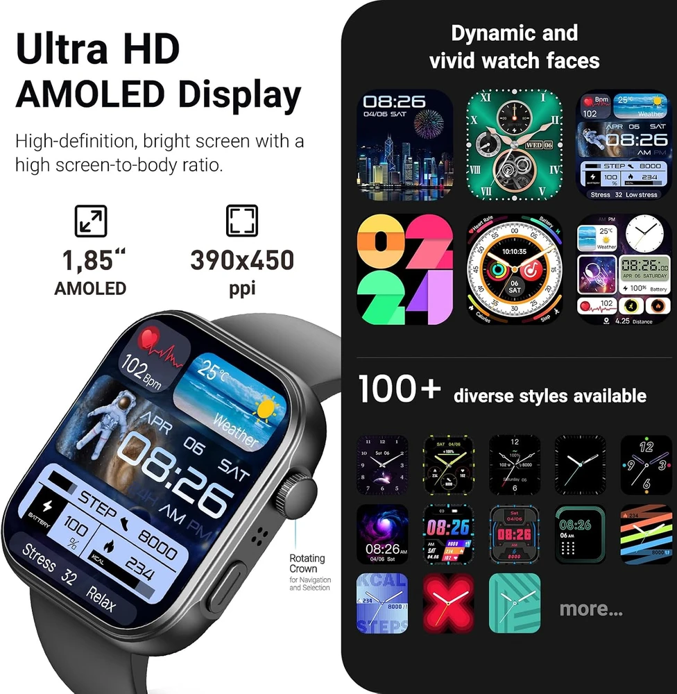TOZO S6 išmanusis laikrodis su 1,85 col. AMOLED ekranu, Bluetooth skambučiais ir IP68