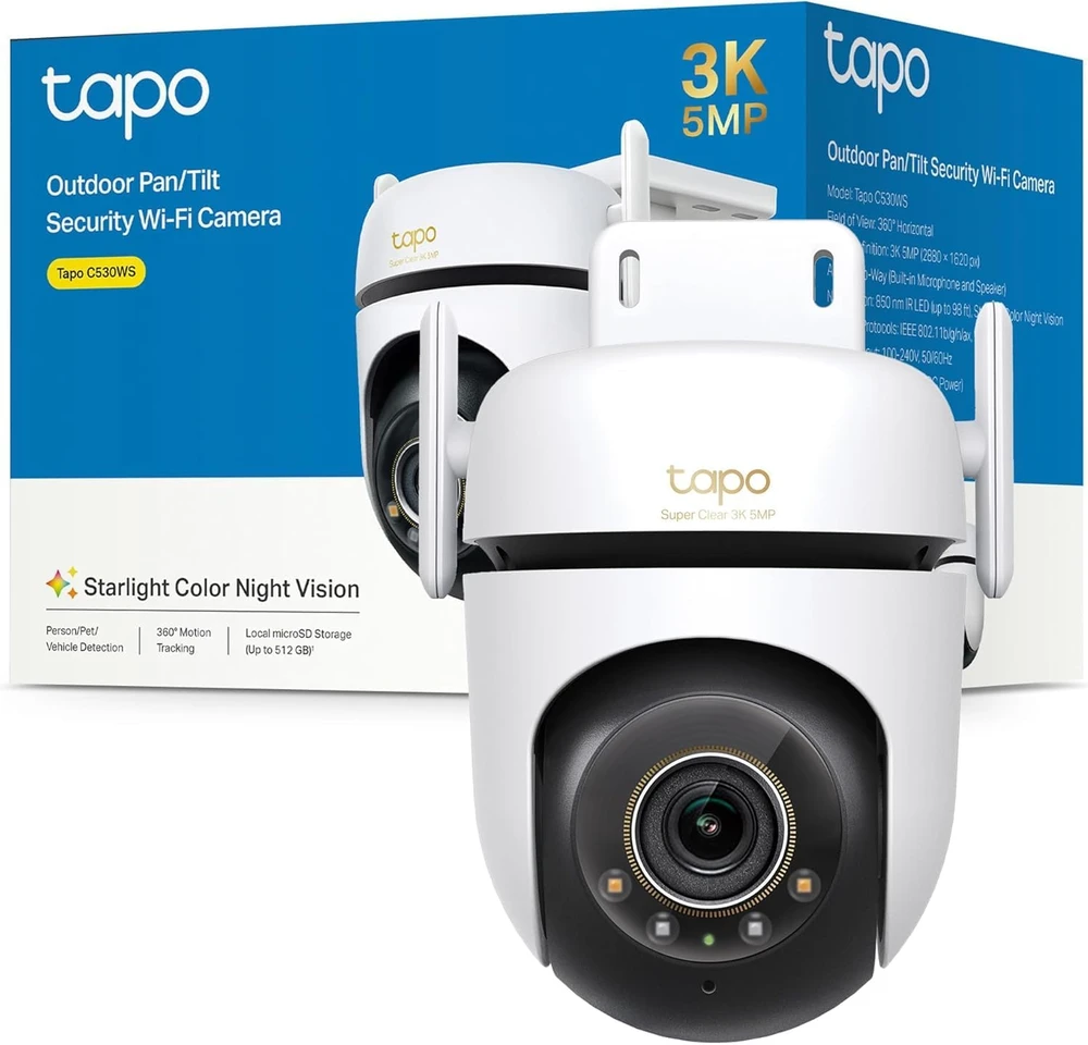 TP-LINK | Lauko apsaugos Wi-Fi kamera su pasukimu/pakreipimu | Tapo C530WS | Kupolinė | 5 MP | 3.2 mm / F1.6 | IP66 | H.264 | Micro SD, maks. 512 GB