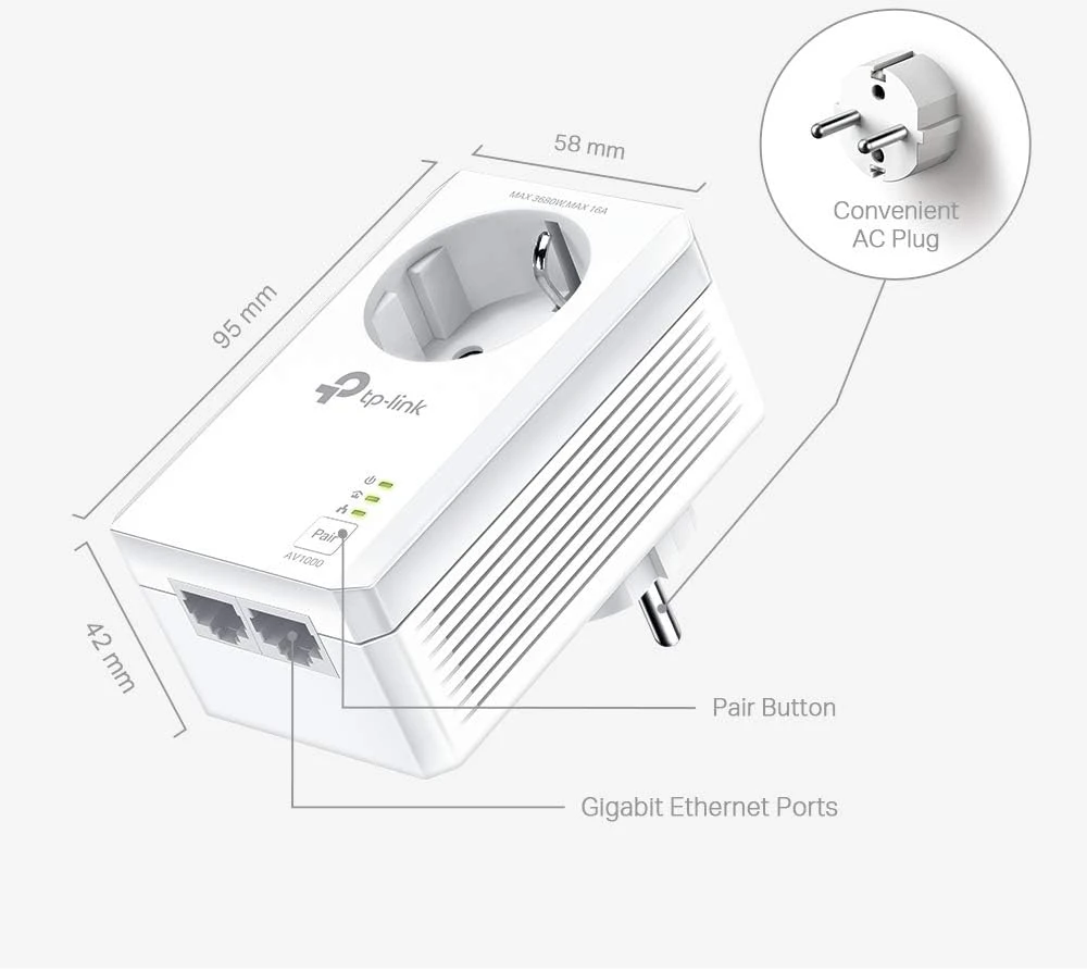 TP-Link Powerline AV1000 adapterių rinkinys su lizdu, Gigabit Ethernet, TL-PA7027P KIT