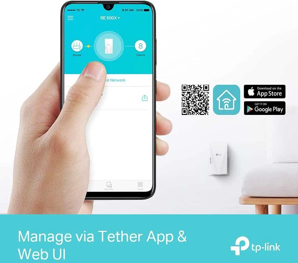 Šakotuvas TP-LINK RE500X tinklo plėtiklis Tinklo kartotuvas Baltas 1000 Mbit/s