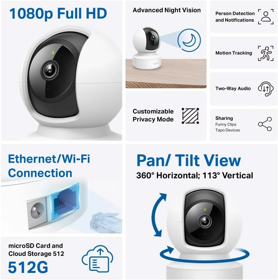 TP-LINK | Pakreipiama/sukama namų apsaugos kamera | Tapo C202 | Ant stalo/lubų tvirtinama | 2 MP | 3,83 mm/F2.4 | H.264 | „Micro SD“, maks. 512 GB