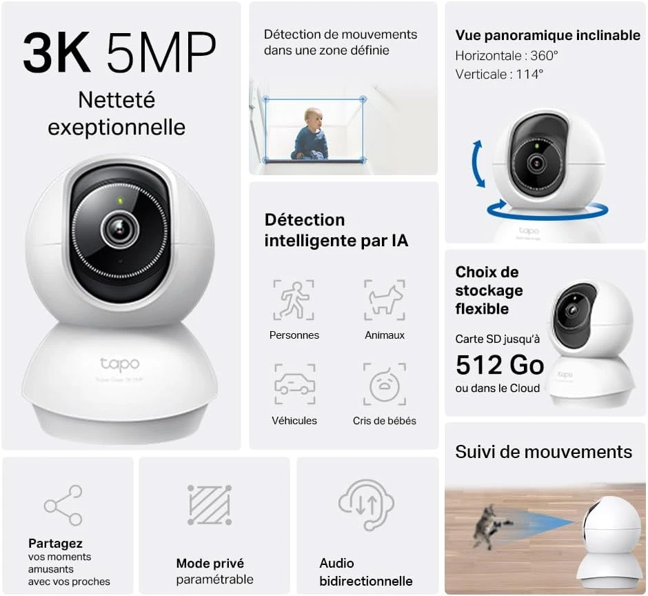 TP-LINK | Pakreipiama/sukama dirbtinio intelekto namų apsaugos „Wi-Fi“ kamera | Tapo C230 | Ant stalo/lubų tvirtinama | 5 MP | 4 mm/F2.0 | H.264 | „Micro SD“, maks. 512 GB