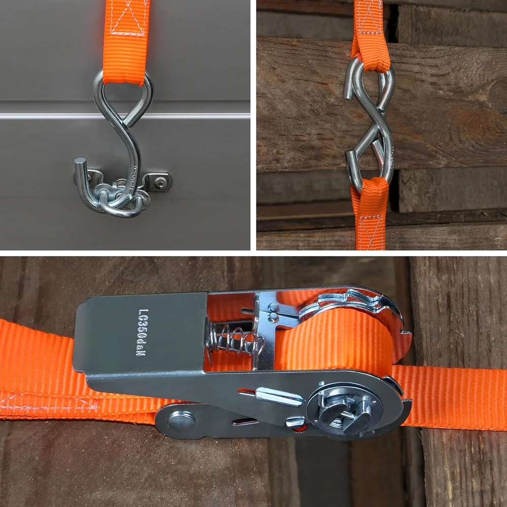 Transportavimo dirželių rinkinys su įtempėju ir kabliukais, 2,5 cm x 6 m, 4 vnt., 700 kg