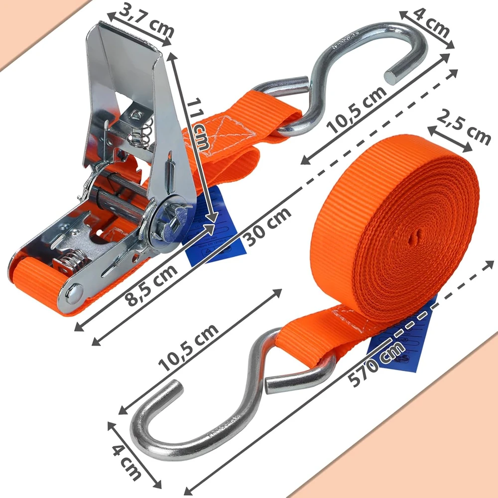 Transportavimo dirželių rinkinys su įtempėju ir kabliukais, 2,5 cm x 6 m, 4 vnt., 700 kg