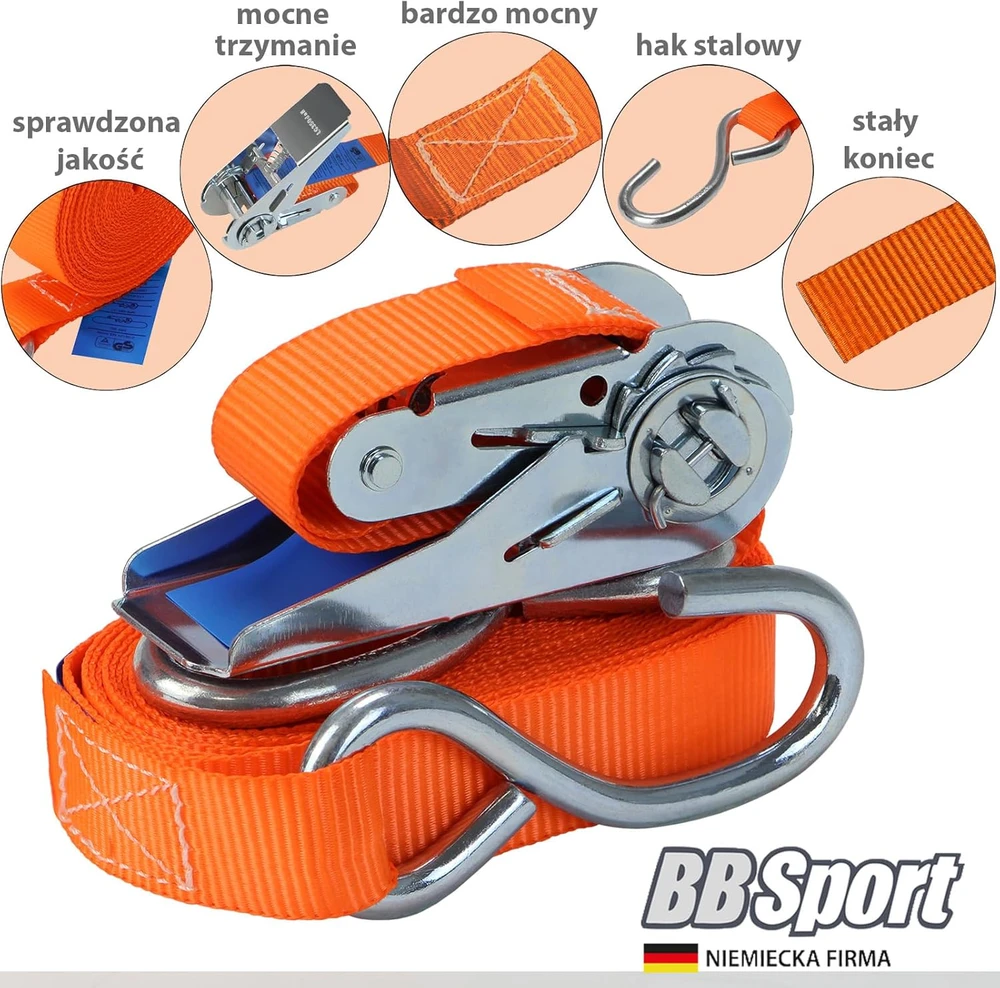 Transportavimo dirželių rinkinys su įtempėju ir kabliukais, 2,5 cm x 6 m, 4 vnt., 700 kg