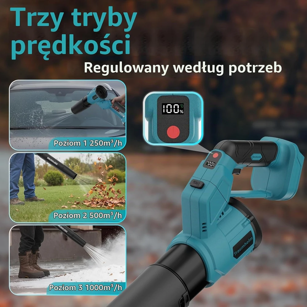 Traumheim akumuliatorinis lapų pūstuvas 21 V, 3 greičių, 1000 m³/h, DE-CY2