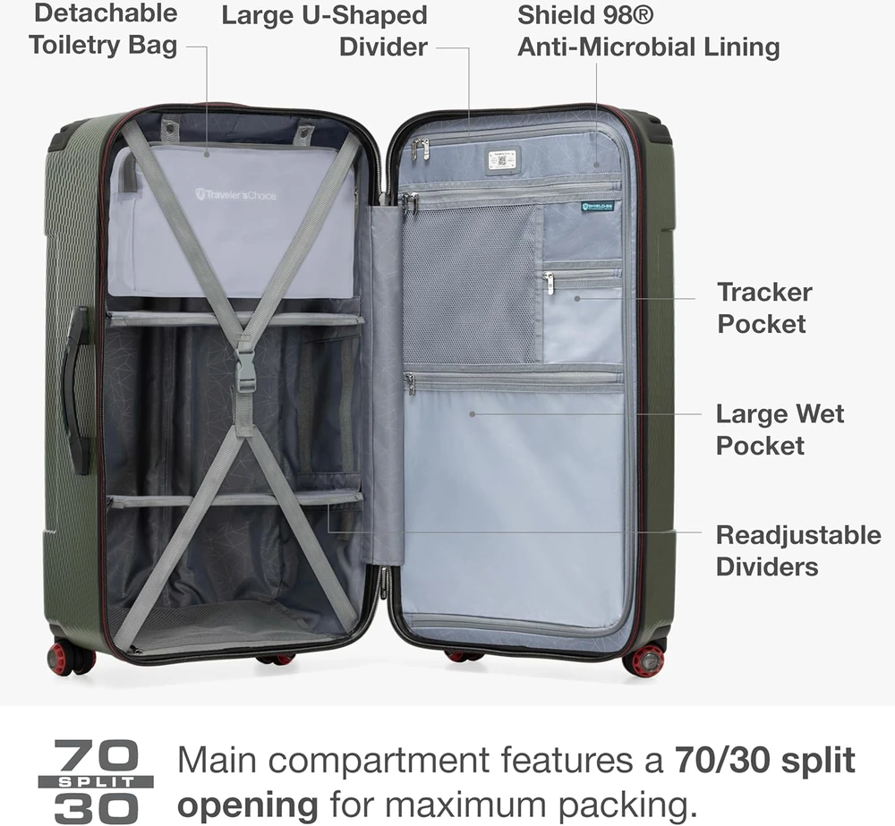 Kelioninis Traveler's Choice kietoji lagaminas su TSA spyna ir teleskopine rankena, 76 cm, žalias, Maxporter II