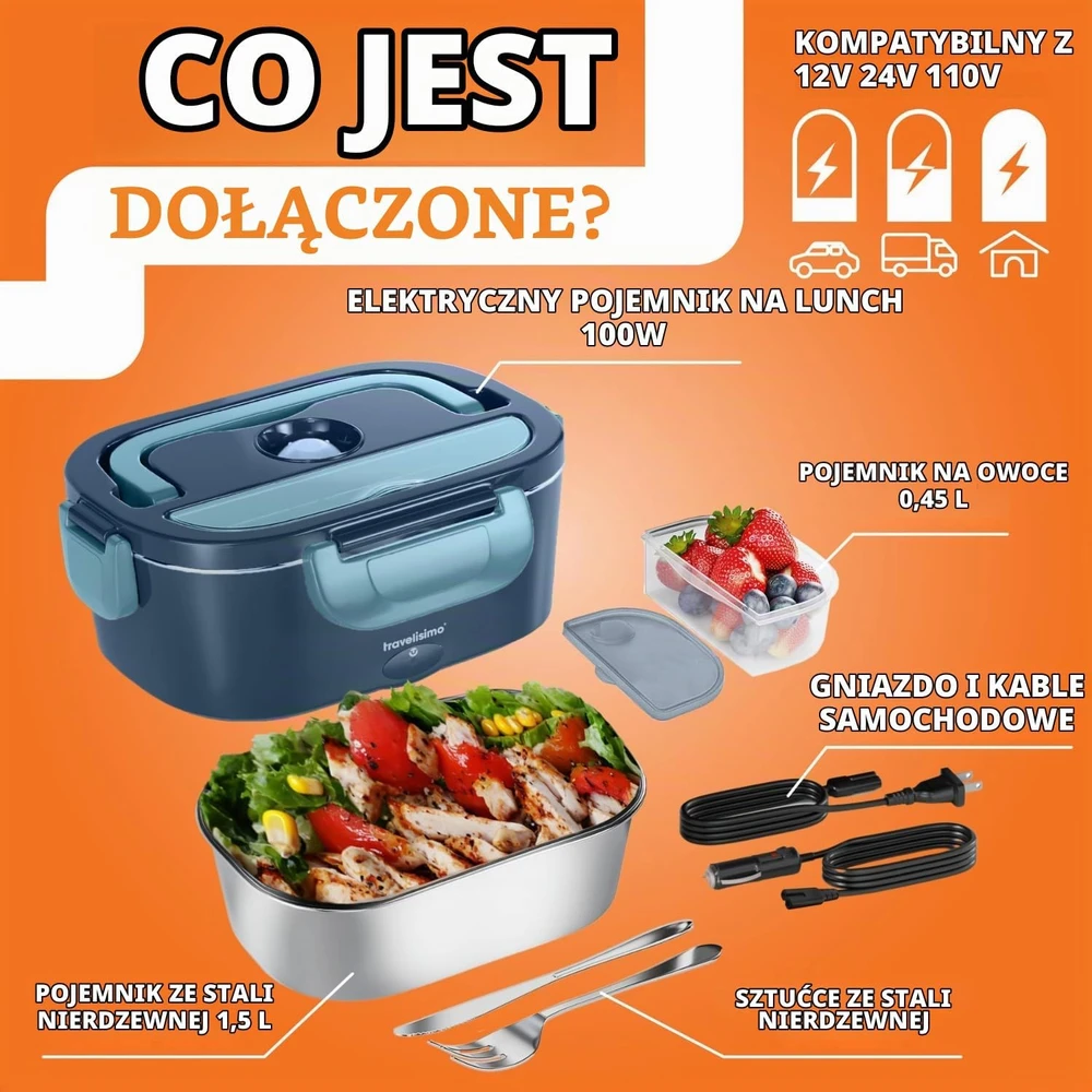 TRAVELISIMO elektrinė maisto dėžutė su šildymu 1,5 l, 100 W, 220 V/12 V/24 V