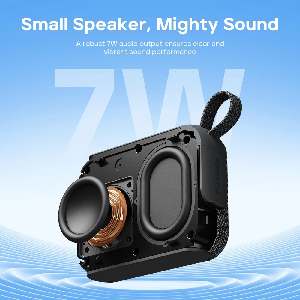 Tribit nešiojama belaidė Bluetooth kolonėlė PocketGo, 7 W, IP68, iki 20 val. grojimo, TWS, juoda