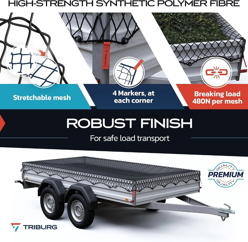 TRIBURG elastingas priekabos krovinių tinklelis 2 x 3–3 x 4 m su 12 įtempimo kablių e200-300