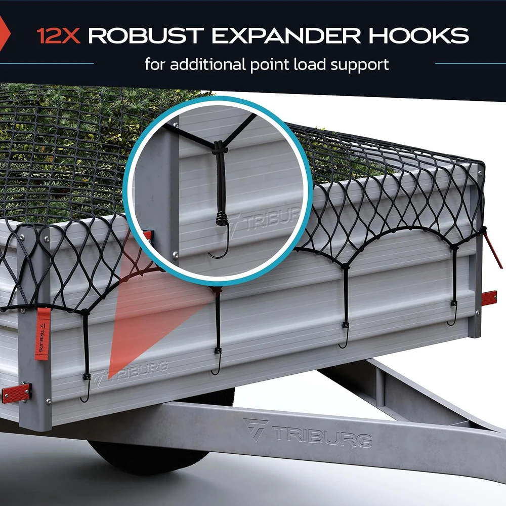 TRIBURG elastingas priekabos krovinių tinklelis 2 x 3–3 x 4 m su 12 įtempimo kablių e200-300