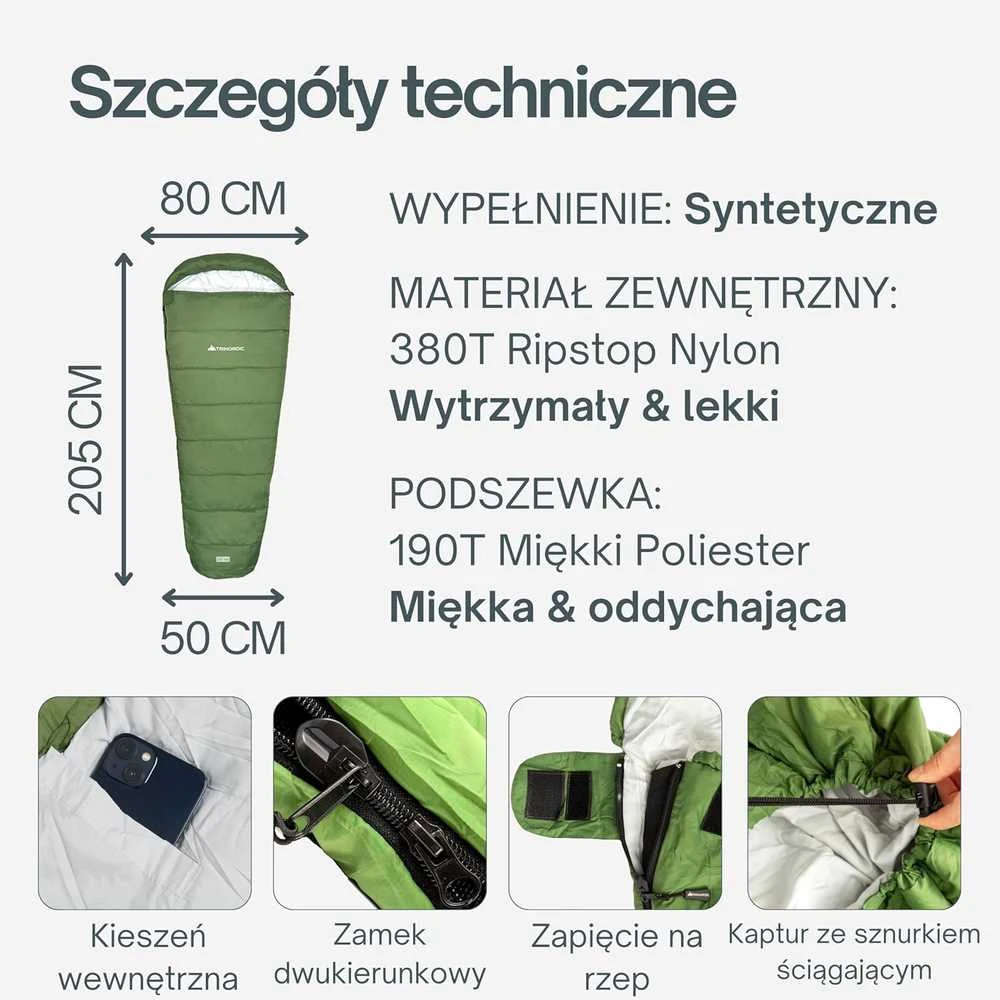 Trinordic mumijos tipo vasarinis miegmaišis, 780 g, užtrauktukas su blokada, iki 185 cm, SBAG-SUM-MUMY-GRE-R