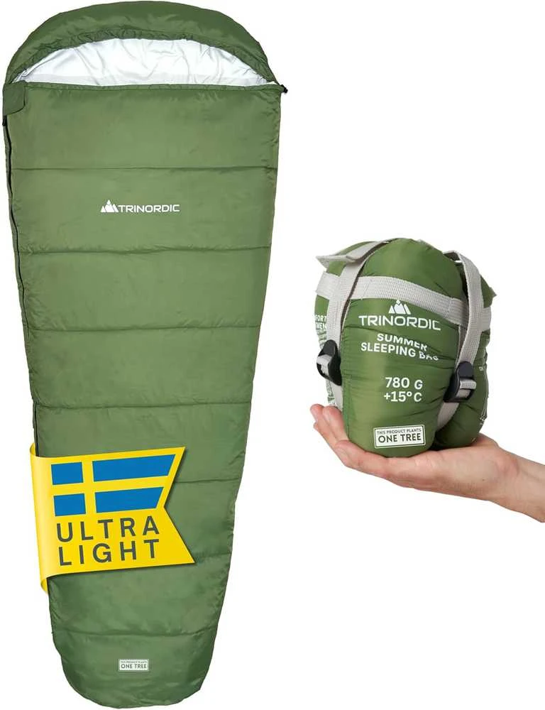 Trinordic mumijos tipo vasarinis miegmaišis, 780 g, užtrauktukas su blokada, iki 185 cm, SBAG-SUM-MUMY-GRE-R