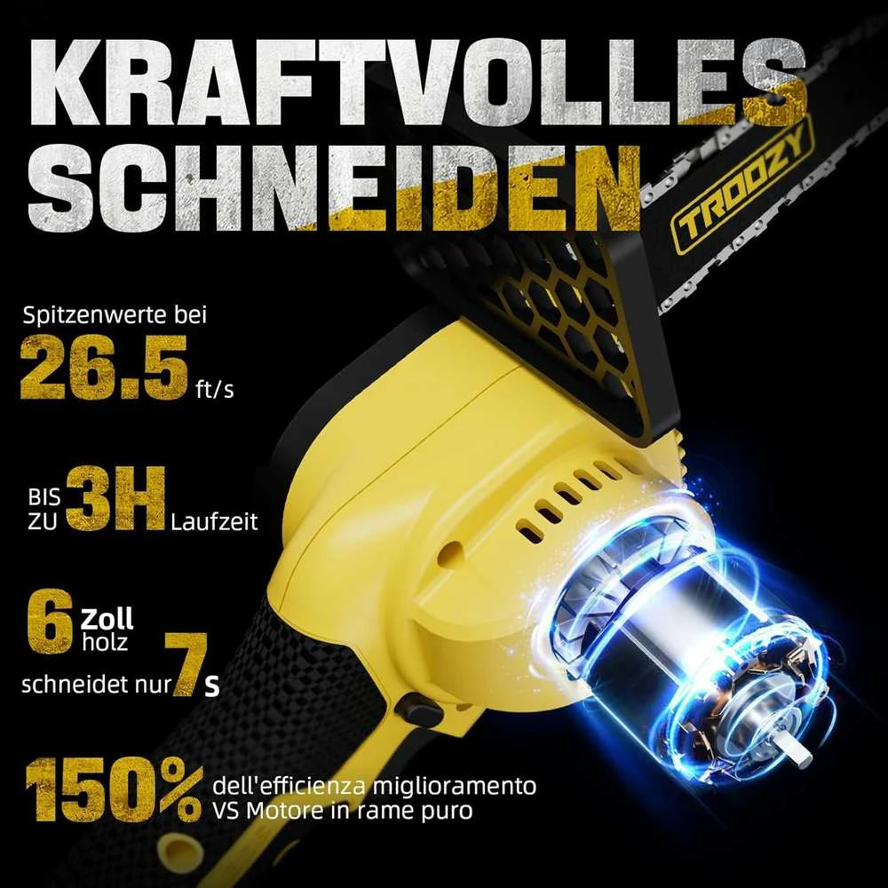 Troozy akumuliatorinis mini grandininis pjūklas 21 V, 15 cm, 2x 3000 mAh, bešepetėlinis