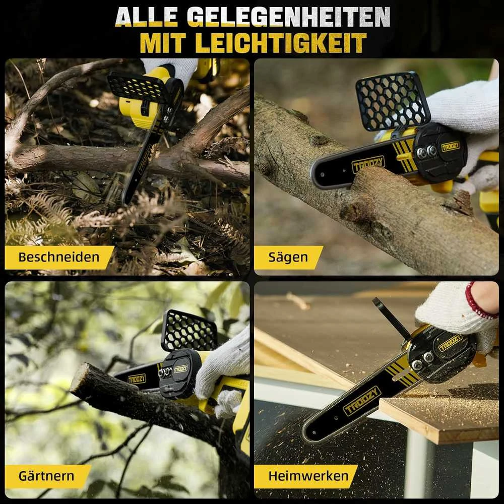 Troozy akumuliatorinis mini grandininis pjūklas 21 V, 15 cm, 2x 3000 mAh, bešepetėlinis