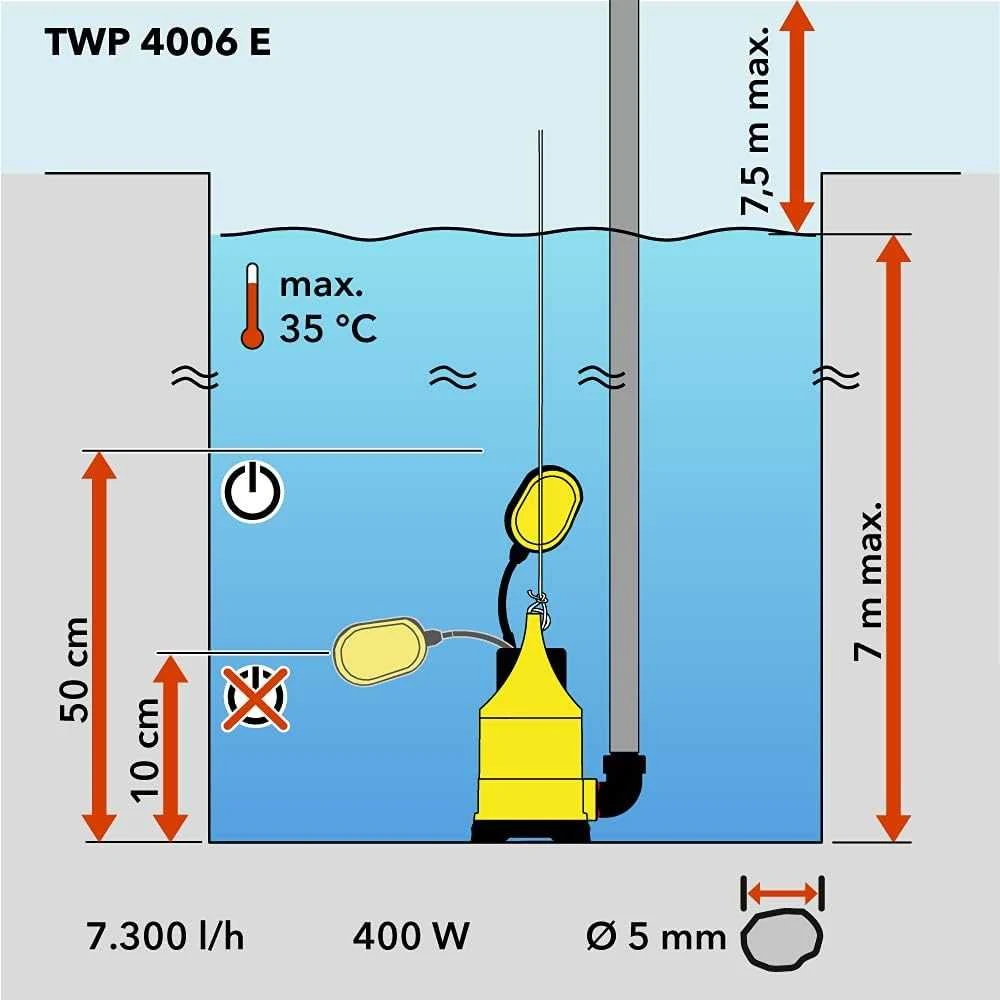 TROTEC panardinama vandens pompa 400 W, našumas 7300 l/val., TWP 4006 E modelis