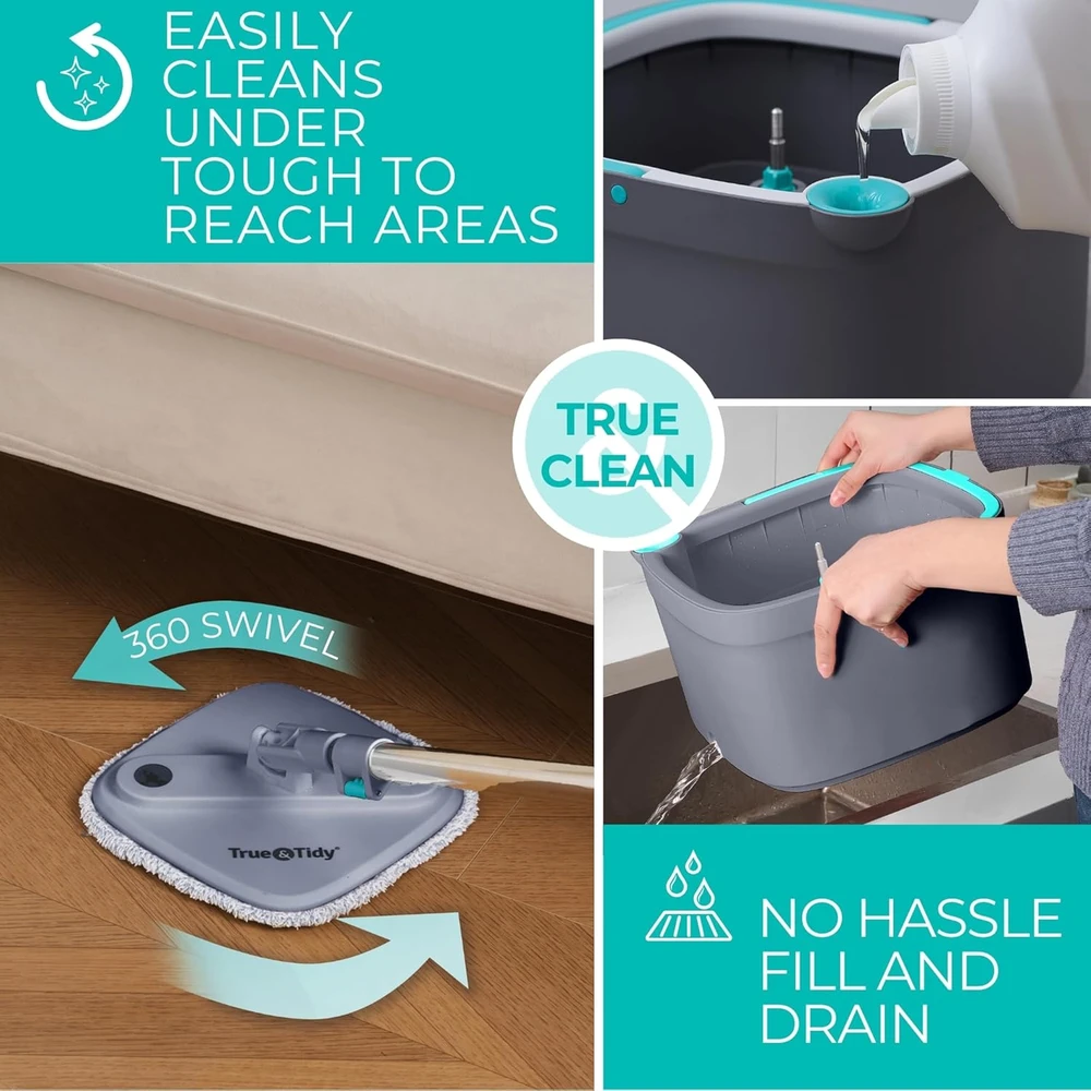 True & Tidy grindų valymo rinkinys su 2 skyrių kibiru ir 2 mikropluošto šluostėmis SPIN-800 A