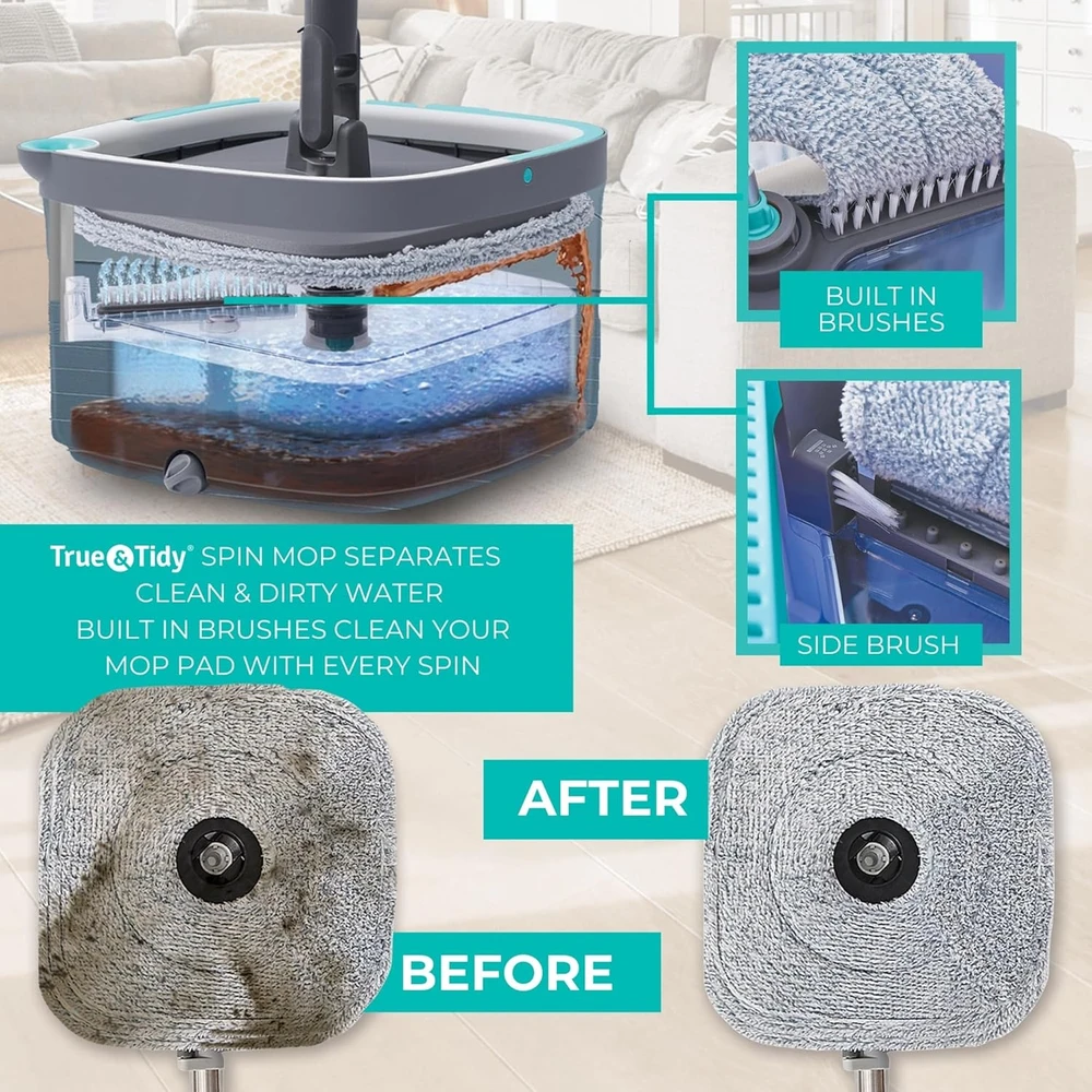 True & Tidy grindų valymo rinkinys su 2 skyrių kibiru ir 2 mikropluošto šluostėmis SPIN-800 A