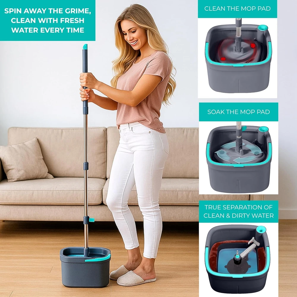 True & Tidy grindų valymo rinkinys su 2 skyrių kibiru ir 2 mikropluošto šluostėmis SPIN-800 A