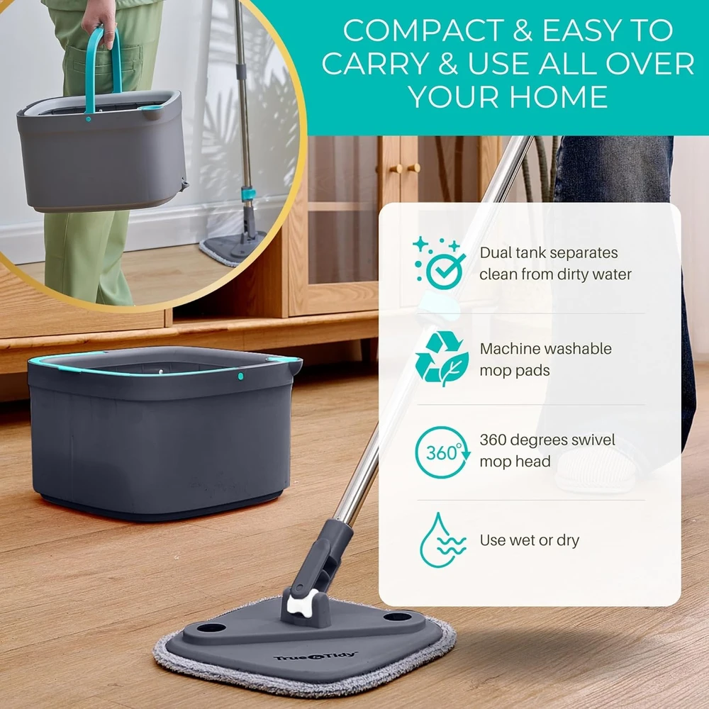 True & Tidy grindų valymo rinkinys su 2 skyrių kibiru ir 2 mikropluošto šluostėmis SPIN-800 A