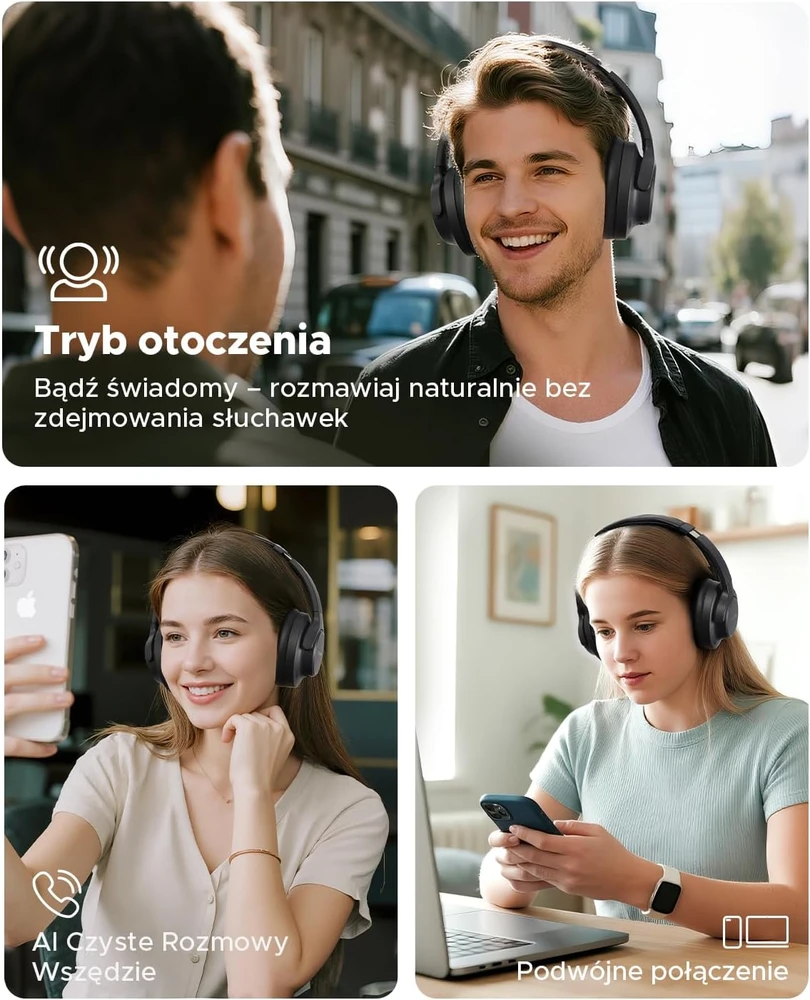 truefree belaidės ant ausų dedamos Bluetooth ausinės su ANC, 125 h, HF-10