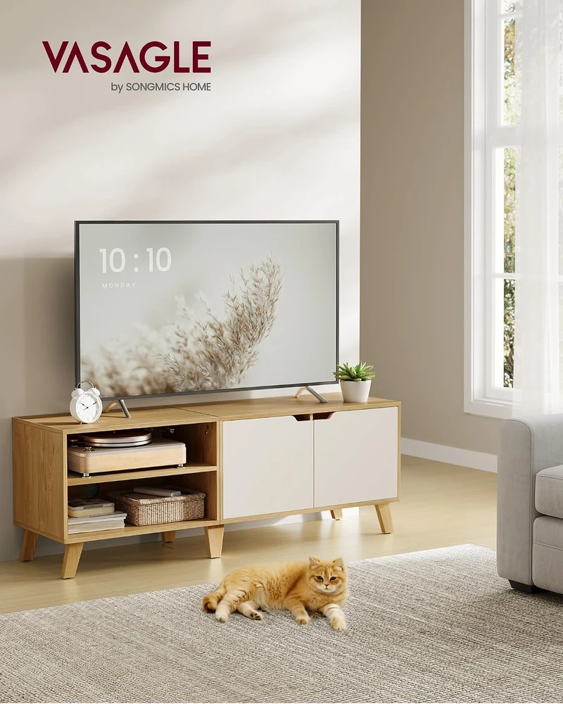 TV staliukas Vasagle Televizoriaus spintelė 140 cm ilgio, natūralaus ąžuolo spalva - kreminė balta