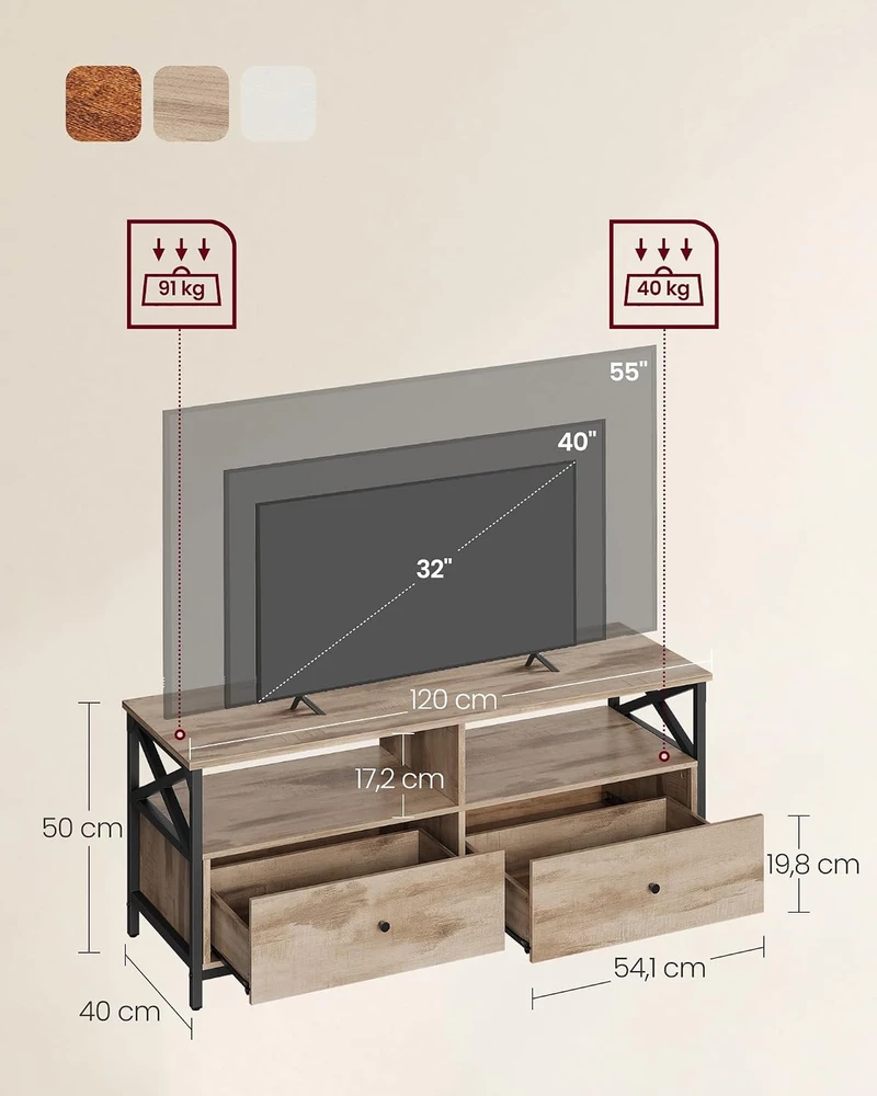 TV staliukas Vasagle 120 cm ilgio televizoriaus spintelė su 2 stalčiais ir 2 atvirais skyriais