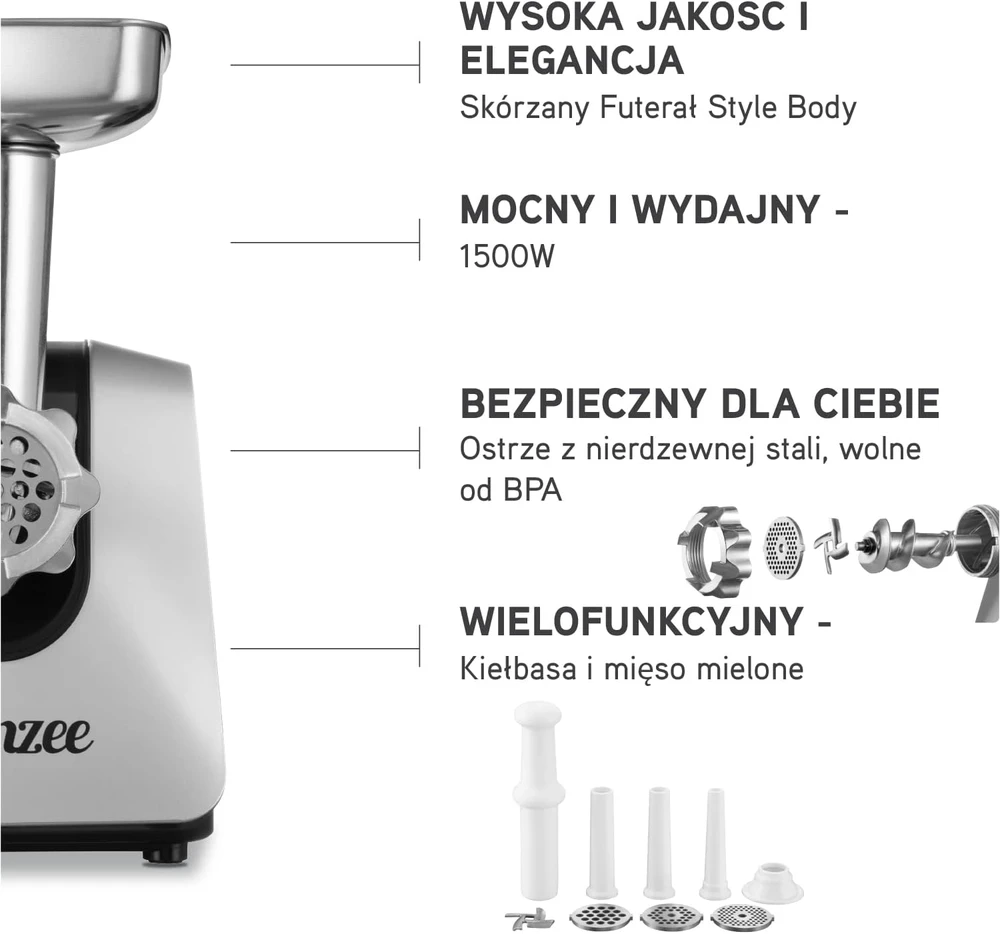 Twinzee elektrinė mėsmalė 1500 W su dešrų kimšimo antgaliais B07THPPJM1