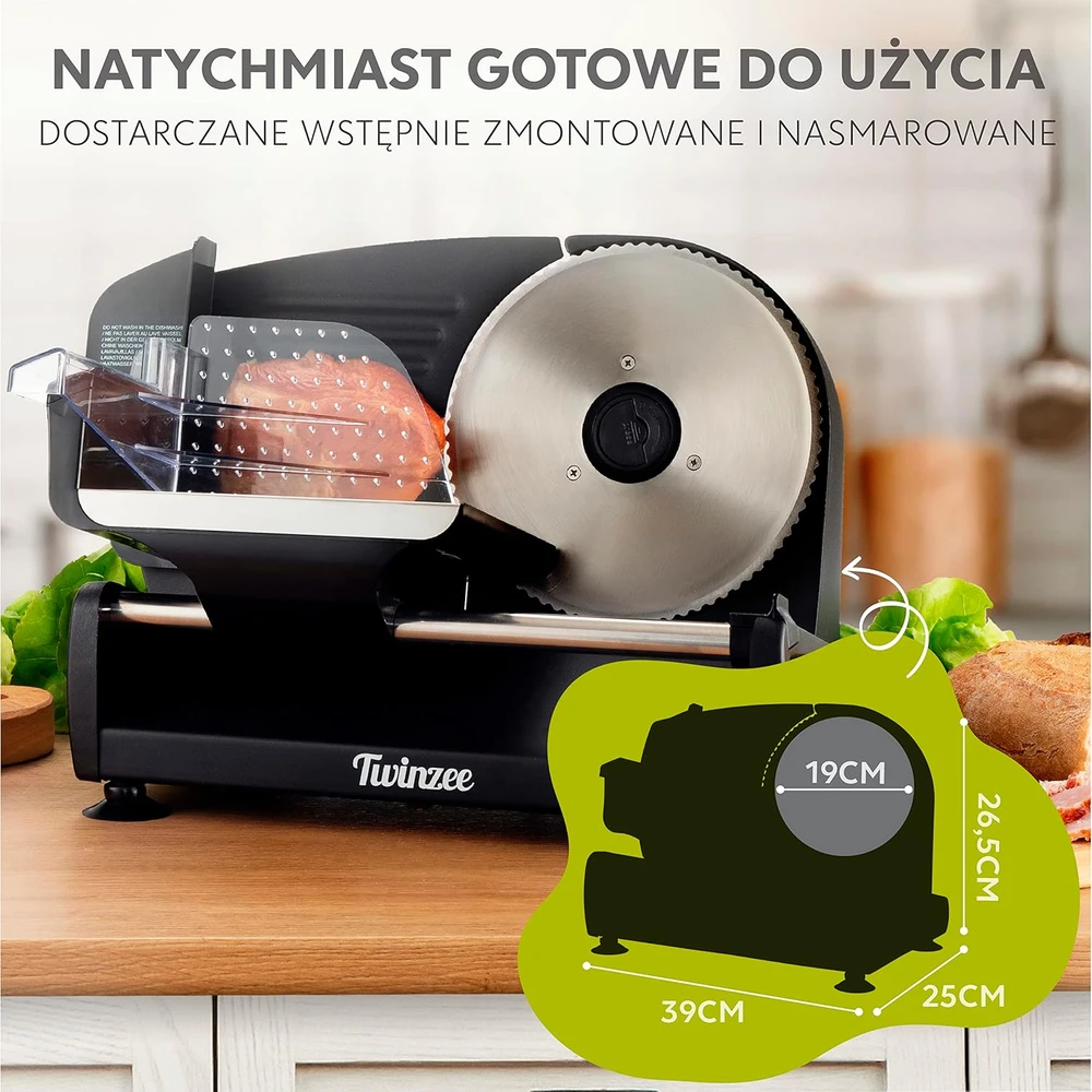 Twinzee elektrinė pjaustyklė, 150 W, reguliuojamas storis 1–15 mm, nerūdijančio plieno korpusas