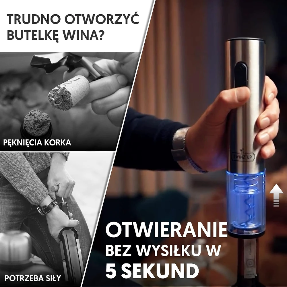 Twinz'up elektrinis vyno butelių atidarytuvas su įkrovimo stovu ir kapsulių pjaustikliu TW-EWO-001