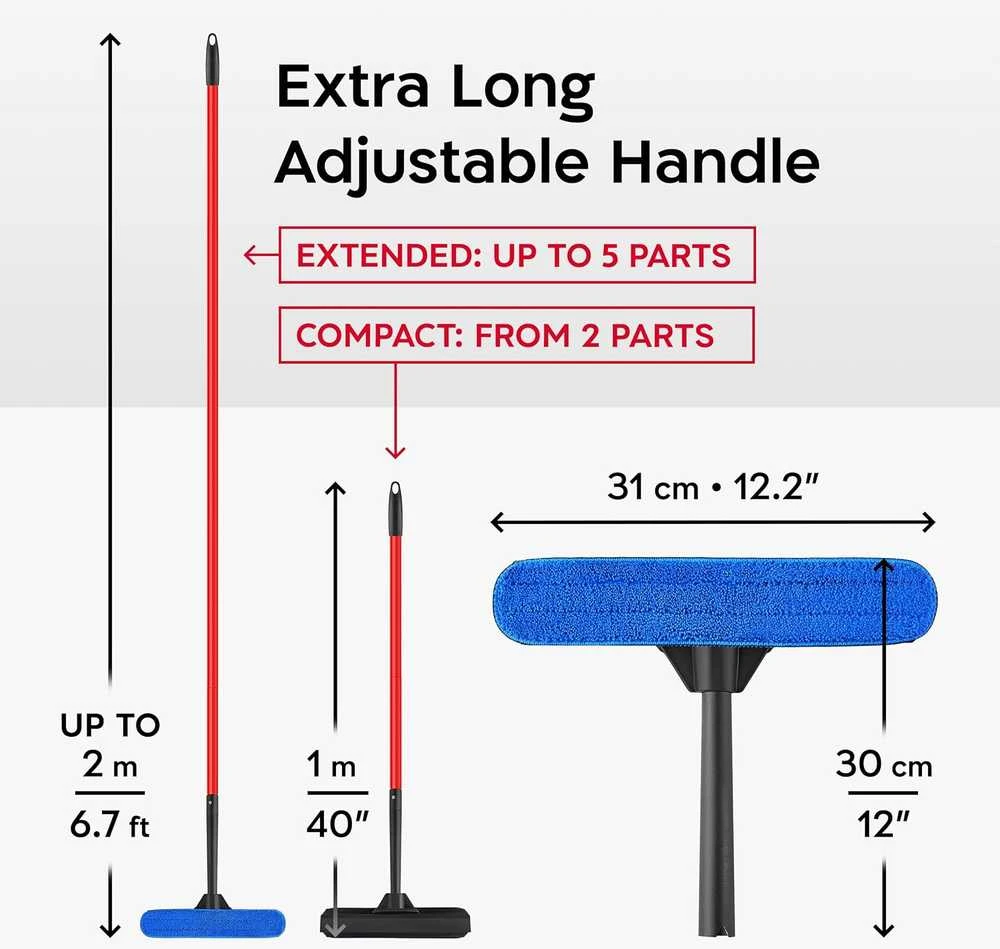 Tyroler Bright Tools Tyroler langų valymo įrankis 2 viename su mikropluošto šluoste ir nerūdijančio plieno rankena 203 cm