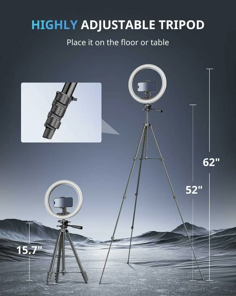 UBeesize 12" LED žiedinė lempa su telefonu laikikliu ir 50" trikoju, USB maitinimas