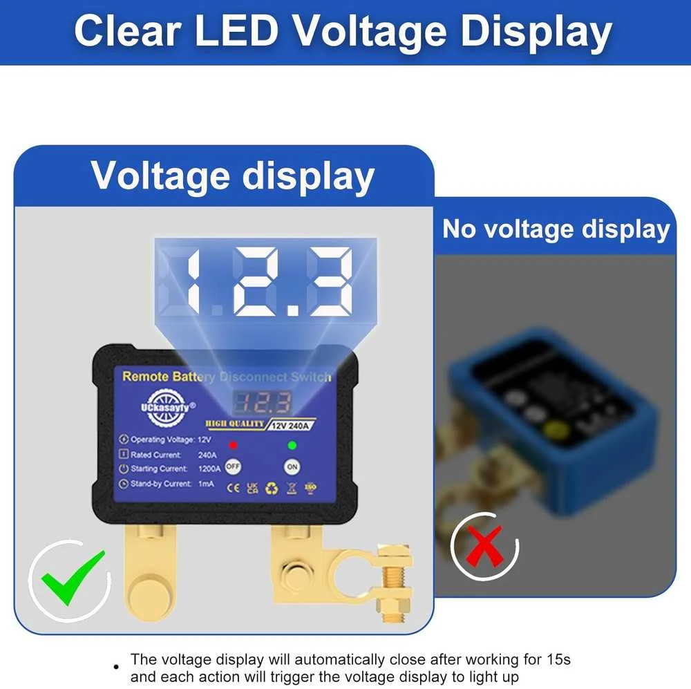 UCkasayfy nuotoliniu būdu valdomas 12 V 240 A akumuliatoriaus atjungiklis su LED įtampų indikatoriumi BS005