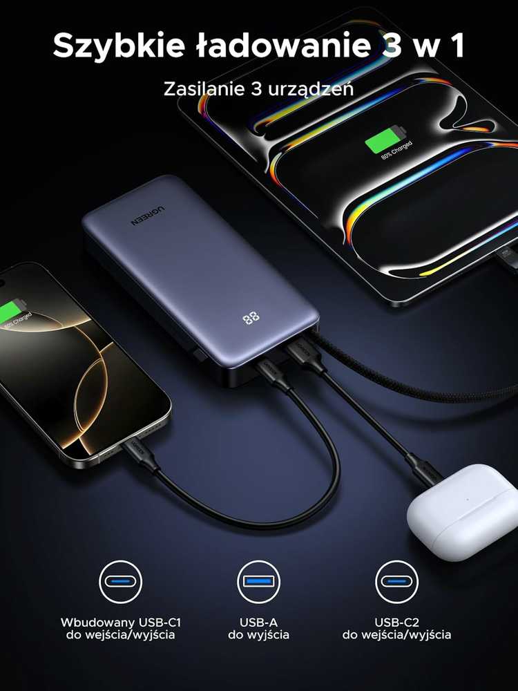 UGREEN 20000 mAh 45W USB-C powerbankas su integruotu kabeliu, 3 prievadai